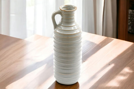 Ceramic Grey Ribbed Vase with Handle – 34cm