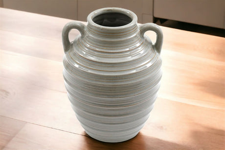 Ceramic Grey Ribbed Vase with Handles