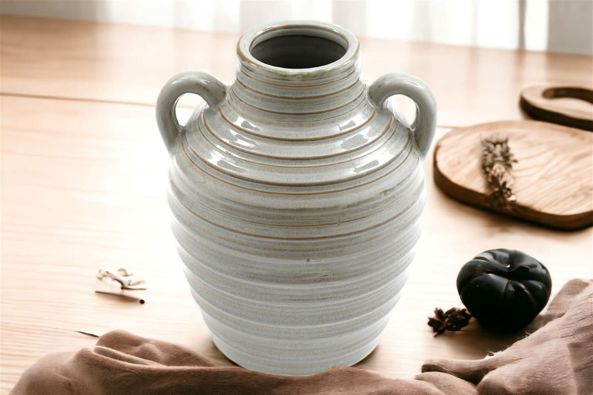Ceramic Grey Ribbed Vase with Handles – 20cm