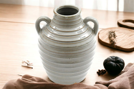 Ceramic Grey Ribbed Vase with Handles – 20cm