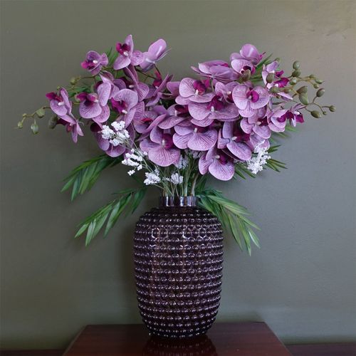 80cm Amethyst Vase with Artificial Orchids and Foliage