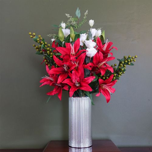 80cm Artificial Red Lily Arrangement with Silver Glass Vase