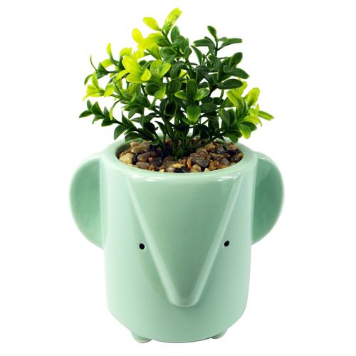 20cm Ceramic Blue Elephant Planter with Artificial Foliage